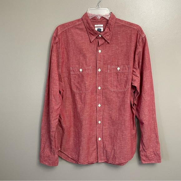 Old Navy Shirt Mens L Red Slim Fit Linen Blend Button Down Long Sleeve Shirt - Picture 1 of 9